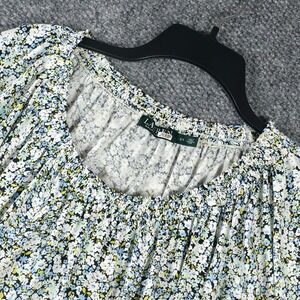 Lauren Ralph Lauren Blouse 2X Blue Floral Ruffle Sleeve Scoop Neck Top